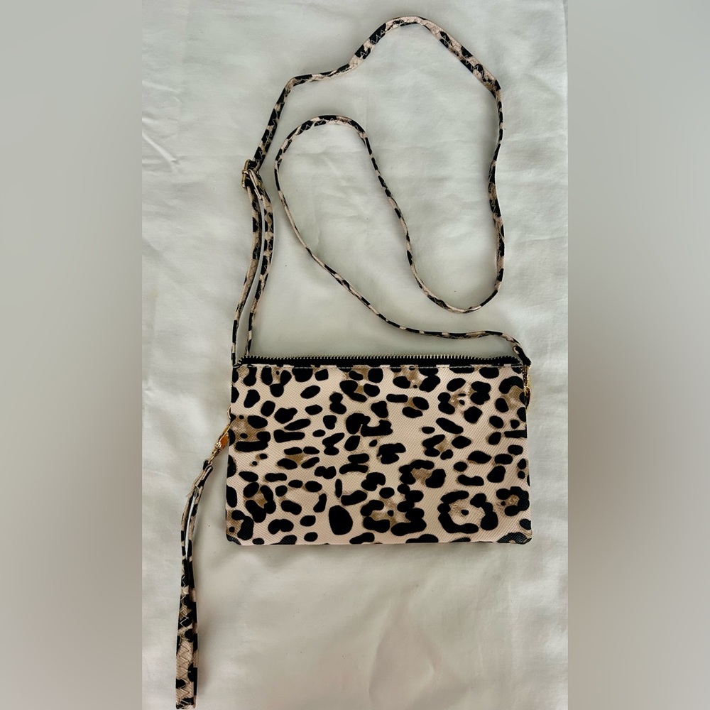 Caroline Hill Faux Leopard Print Crossbody Wristlet - Beige and Black